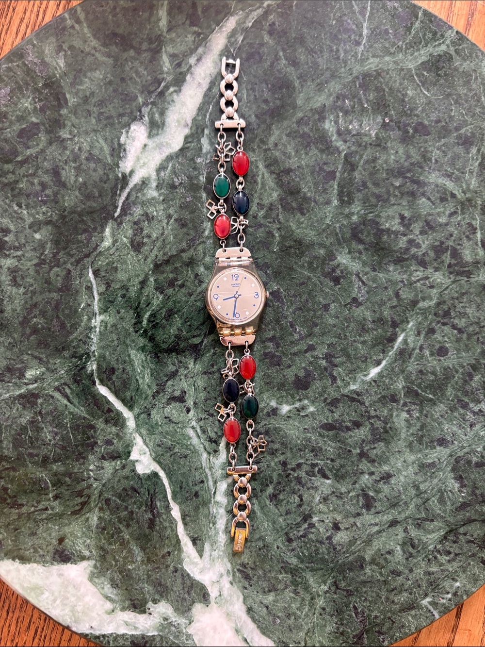 Swatch Multicolor Stone Link Bracelet Watch — Red, Green, Navy